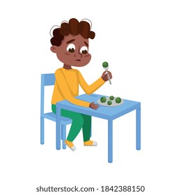 Cute African American Boy Eating Brussels Sprouts, Child Does Not Like Vegetables Cartoon Style Vector Illustration