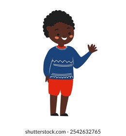 Cute african american boy in flat design. Child celebrates Kwanzaa holiday. Vector illustration isolated.