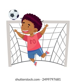 Cute African American Boy Goalkeeper Catching Ball Between Goalposts Vector Illustration