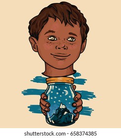 cute african american boy with magical jar in his hands on white background, can be used as poster for ecological organization or summer camp, vector illustration