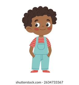 Cute African American boy in overalls. Vector illustration isolated on white background.