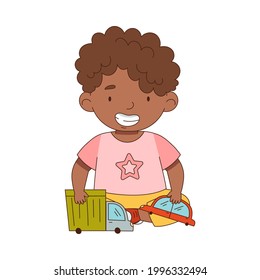 Cute African American Boy Playing with Toy Truck and Car Having Fun On His Own Enjoying Childhood Vector Illustration