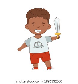 Cute African American Boy Playing with Toy Sword Having Fun On His Own Enjoying Childhood Vector Illustration