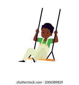 Cute african american boy rocking on rope swing, flat vector illustration isolated on white background. Cartoon character of child swinging on outdoor playground.