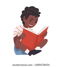 Cute African American Boy Sitting on Floor and Reading Book Vector Illustration