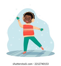 Cute African American boy is skating. A winter kid in a hat and sweater is skating on a skating rink. Cute seasonal vector illustration in flat cartoon style