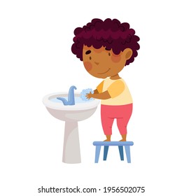 Cute African American Boy Standing on Stool Near Wash Stand Washing His Hands with Soap Engaged in Personal Hygiene Vector Illustration