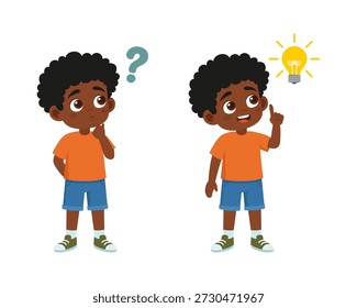 Cute African American boy thinking with a question mark and having a creative idea with a light bulb. Smart kid solving a problem. Vector cartoon illustration isolated on white background.