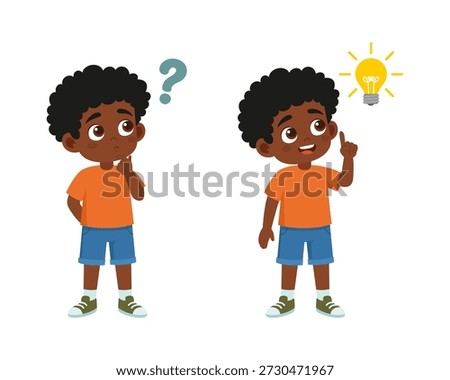 Cute African American boy thinking with a question mark and having a creative idea with a light bulb. Smart kid solving a problem. Vector cartoon illustration isolated on white background.
