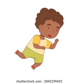 Cute African American Boy Tumbling Over and Stumbling While Running and Rushing at Full Speed Vector Illustration