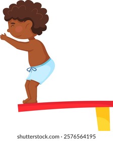 Cute african american boy wearing light blue swimming trunks preparing to jump into water from red and yellow springboard, summer leisure activity, swimming pool, healthy lifestyle