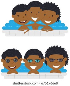 Cute African American cheerful boys relaxing in the pool. Young teens having fun in outdoor swimming pool. Summer vacation in the resort. 