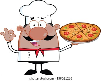 Cute African American Chef Cartoon Character Holding A Pizza Pie. Vector Illustration Isolated on white