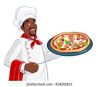 Cute african american chef cook holding pizza isolated on white background. Vector illustration.