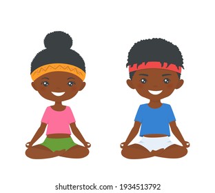 Cute african american chibi boy and chibi girl practice yoga isolated on white background. Cartoon flat style. Vector illustration