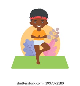 Cute african american chibi boy doing yoga on background with pattern. Cartoon flat style. Vector illustration