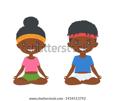 Cute african american chibi boy and chibi girl practice yoga isolated on white background. Cartoon flat style. Vector illustration