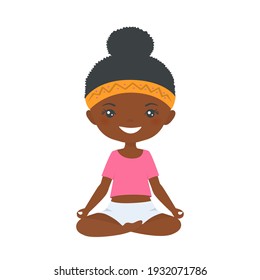 Cute african american chibi girl doing yoga, isolated on white background. Cartoon flat style. Vector illustration