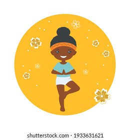 Cute african american chibi girl doing yoga on  yellow background. Cartoon flat style. Vector illustration