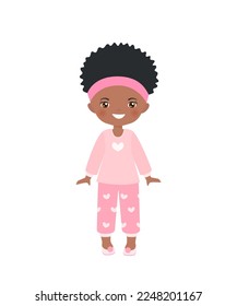 Cute African American chibi girl dressed in pajama. Isolated on white background. Doll house interior concept. Cartoon flat style. Vector illustration