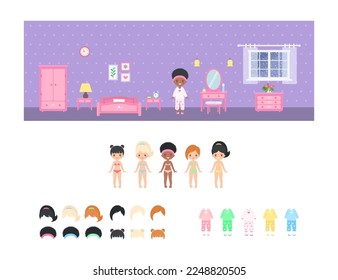 Cute African American chibi girl dressed in pajamas in bedroom. Dress up paper doll. Doll house interior concept. Cartoon flat style. Vector illustration