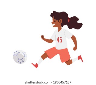 Cute african american child girl playing football or soccer, flat vector illustration isolated on white background. Character of player of children girls football team.