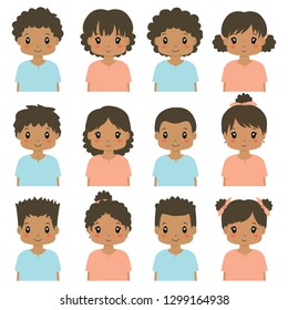 Cute African American children avatar vector collection. Boys and girls half body vector with different hairstyle