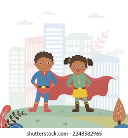 Cute african american children plays superheroes. Kids standing in hero costumes. Imagination, playing rescuer, hero. Little kids has funny game together. Friends playing heroic persons. Flat vector