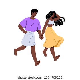 Cute African American couple walking, holds hands on romantic date in summer. Happy boyfriend and girlfriend stroll barefoot together outdoors. Flat isolated vector illustration on white background