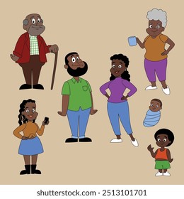 Cute African American family set. Funny amusing black dad, mom, son, daughter, baby, grandpa, grandma. Adorable people parents siblings. Cartoon flat vector illustration on flat green background