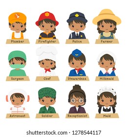 Cute African American female workers in different uniform vector collection. Half body professions character icon vector