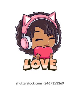 Cute african american gamer girl cartoon with heart icon 