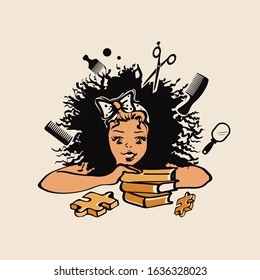 Cute African american girl with Afro curly hairstyle, wearing a ribbon bow headband.Vector illustration.Hairdresser salon elements.Comb, mirror, scissors.Colorful,playful style.Beauty doll character.