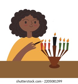 Cute African American Girl Burning Candle For Kwanzaa Celebration. Sweet Cartoon Character Celebrating Kwanza Festival - Ethnic Heritage Holiday