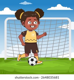 Cute African American Girl Cartoon Character Playing Football Dribble