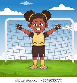 Cute African American Girl Cartoon Character Playing Football Keeper
