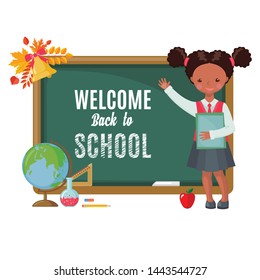 Cute African American girl with chalkboard, books and school supplies isolated on white background. Pupil in uniform. Back to School cartoon card. Education concept. Vector illustration.