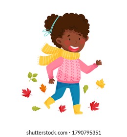 Cute African American Girl Character in Rubber Boots and Scarf Running Among Fallen Leaves Vector Illustration