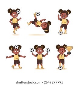 Cute African American Girl Character Cartoon Playing Football with different pose set