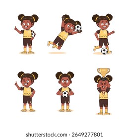 Cute African American Girl Character Playing Football with different pose