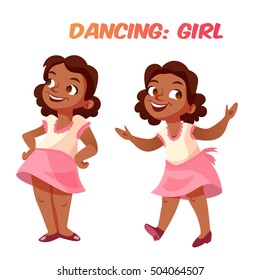 Cute african american girl dancing in dress in different poses. Funny cartoon style, isolated female child on white background. Children sport illustration.