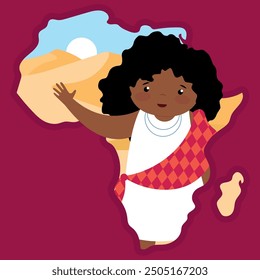 Cute African American girl in the desert. Vector illustration in flat style