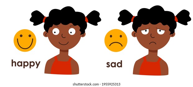 A cute African American girl with different moods - sad, cheerful. Emoticons joy and sadness. A child with wavy hair, ponytails. Laughs, sad. Cartoon character, vector illustration. Bad and good mood.