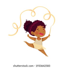 Cute African American Girl Doing Artistic Gymnastics with Ribbon Vector Illustration