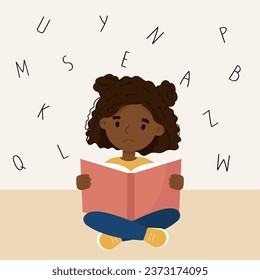 Cute African American girl with dyslexia having trouble reading a book.