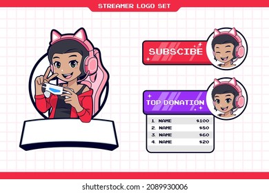 Cute african american girl gaming streamer logo set