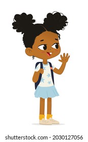 Cute African American girl happily waving hand. Vector illusttration. Isolated