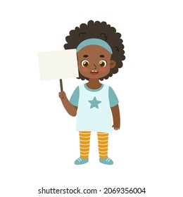 Cute african american girl holding empty plate. Cartoon kid hold blank banner. 