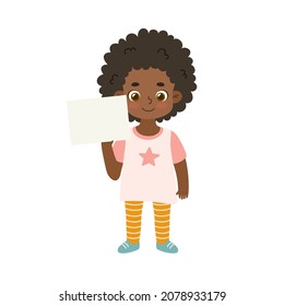 Cute african american girl holding empty banner. Pretty child show blank paper sheet.