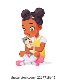 Cute African American girl holding husky puppy. Vector cartoon illustration isolated on white background.